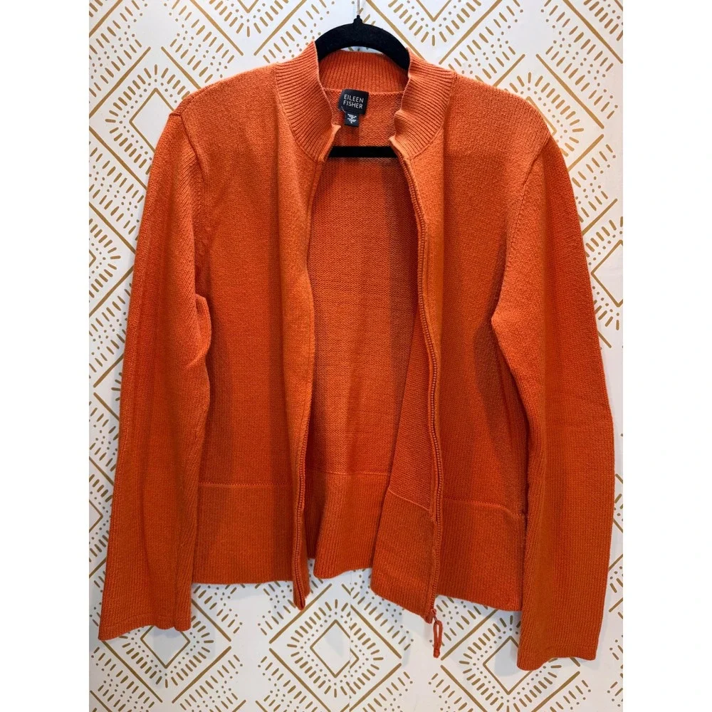 Eileen Fisher Sweater Womens L Orange Zip Up Mock Neck Casual Summer Layering‎